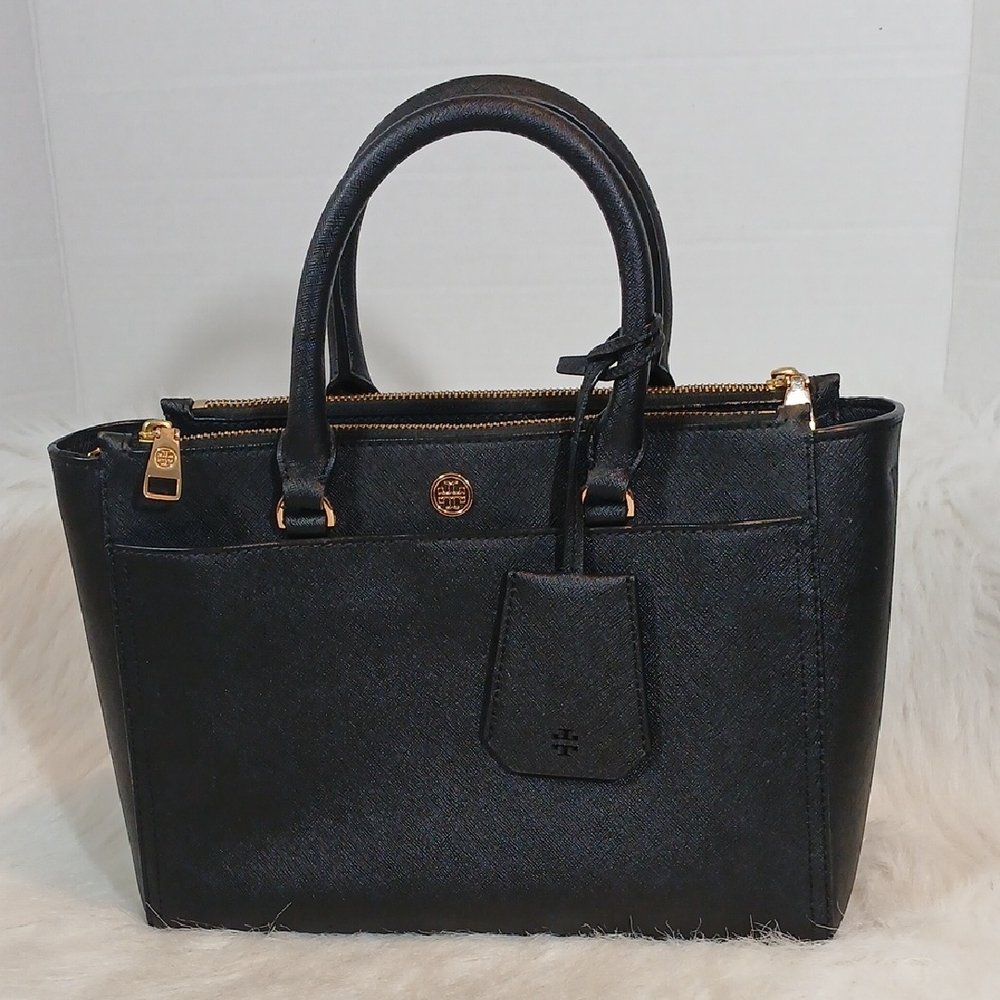 Tory Burch Robinson Black Saffiano Leather Double - Zip Tote Bag
